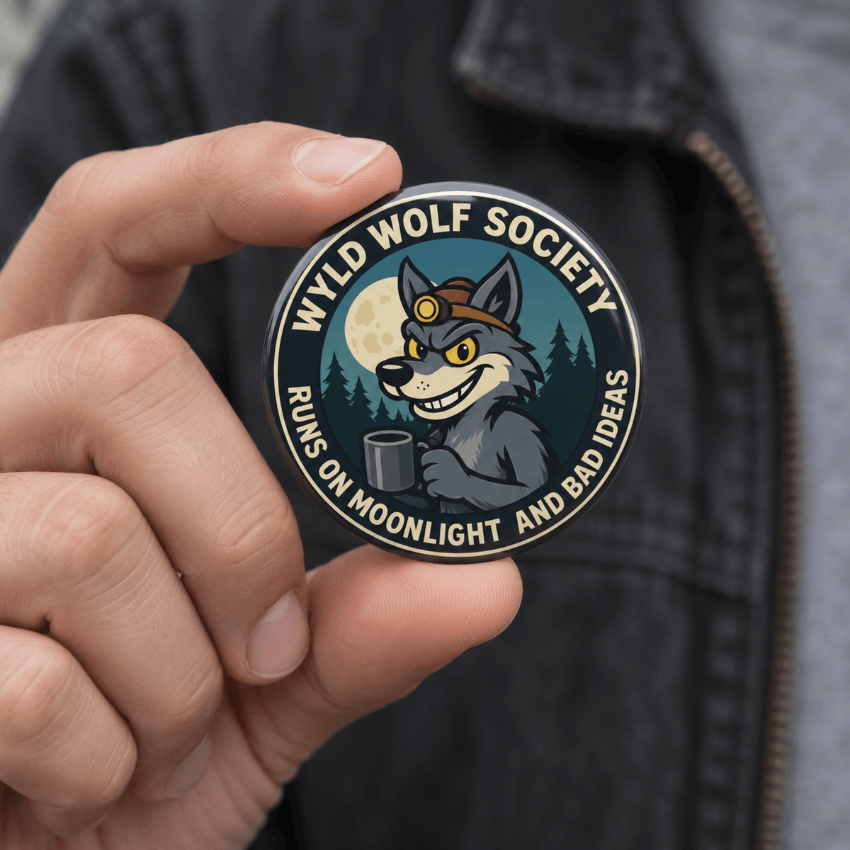 A close-up of a hand holding a circular enamel pin featuring a cartoon gray wolf wearing a headlamp and holding a mug, with the text 'WYLD WOLF SOCIETY' and 'RUNS ON MOONLIGHT AND BAD IDEAS'. The person is wearing a dark gray zip jacket.