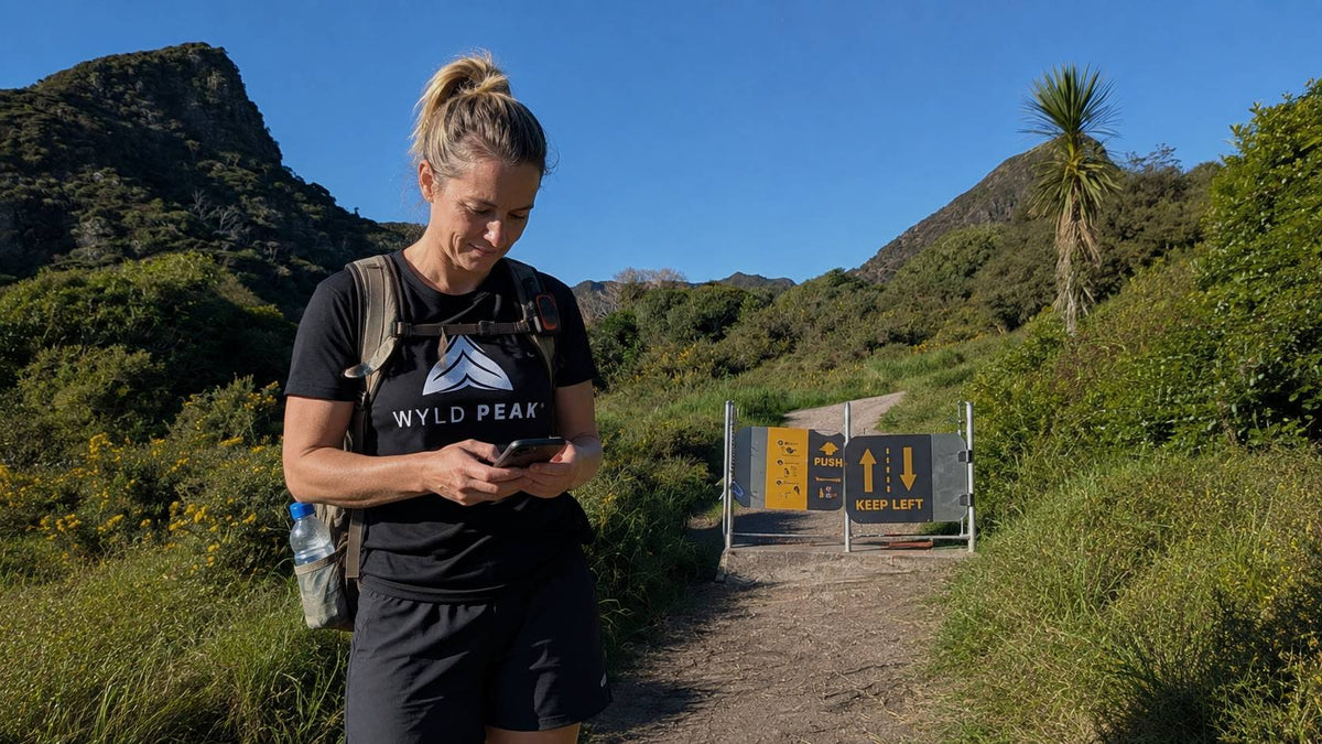 A woman stands on a dirt trail in a mountainous outdoor setting, looking at her phone. She is wearing a black t-shirt with a white 'WYLD PEAK' logo and black shorts.