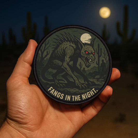 Wyld Peak Chupacabra patch held in a nighttime desert scene with cacti and dirt trail