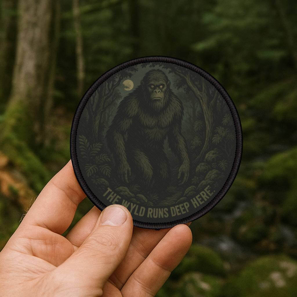 Wyld Peak Moehau Man patch held in front of a native New Zealand forest scene