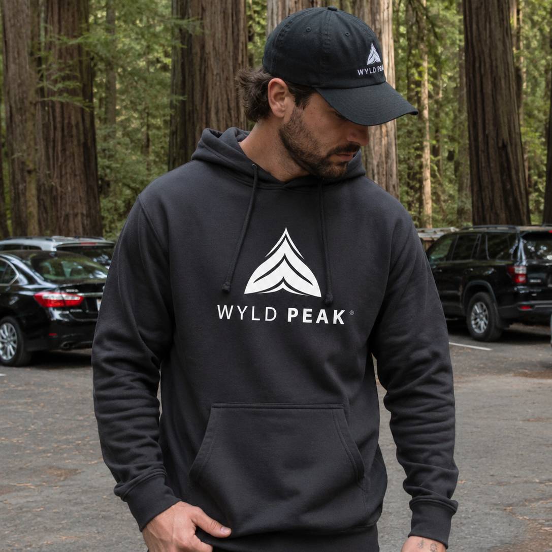 Man wearing a black hoodie with 'Wyld Peak' logo in a forest setting