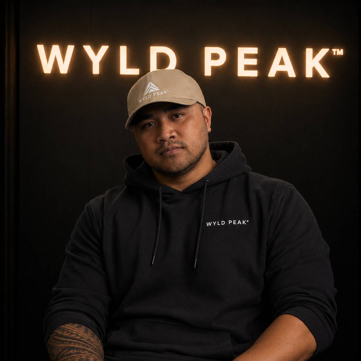 Person wearing a black hoodie and beige cap with 'WYLD PEAK' branding against a dark background.