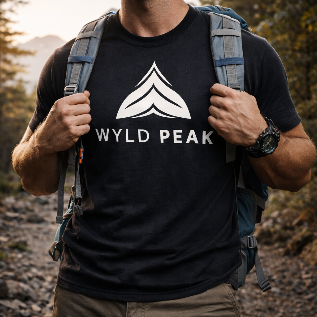 Active Men’s organic cotton outdoor t-shirt in black worn by a man on a trail, lightweight performance tee built for movement outdoors