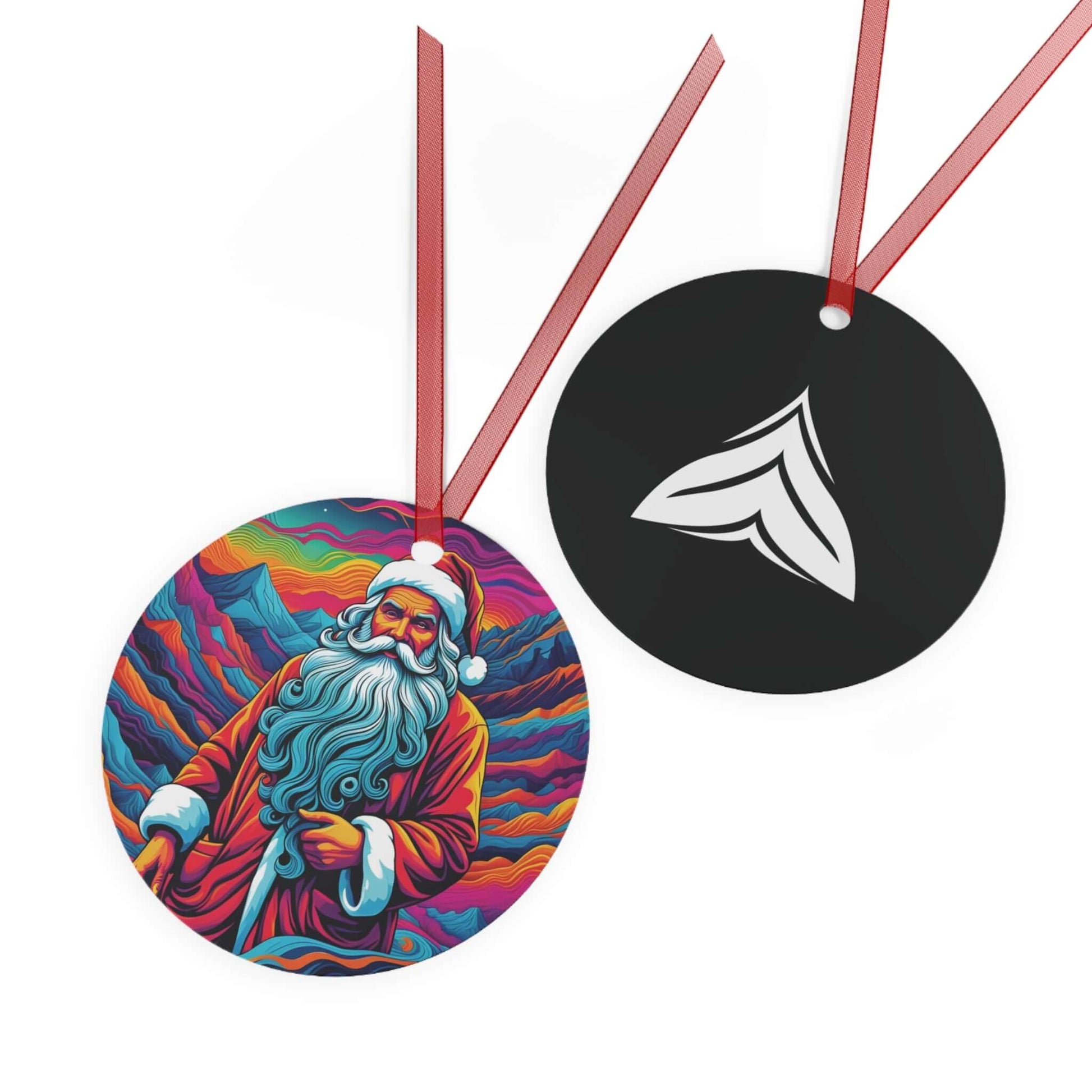 Front and back view of Wyld Peak round aluminum Christmas ornament with neon Santa Claus design.