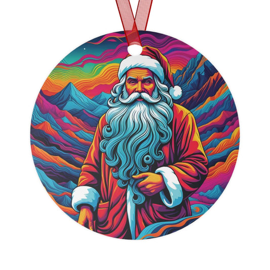 A colorful illustration of Santa Claus with a psychedelic background.