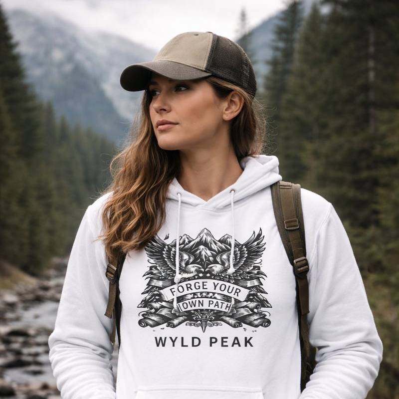 Person wearing a white hoodie with 'Wyld Peak' logo in a mountainous forest setting