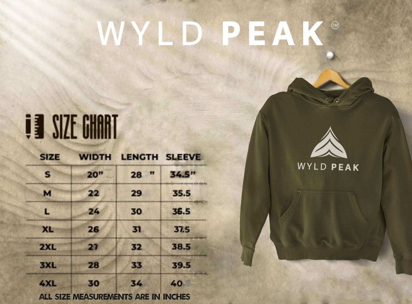 Size guide for Wyld Peak Americana unisex cotton hoodie.