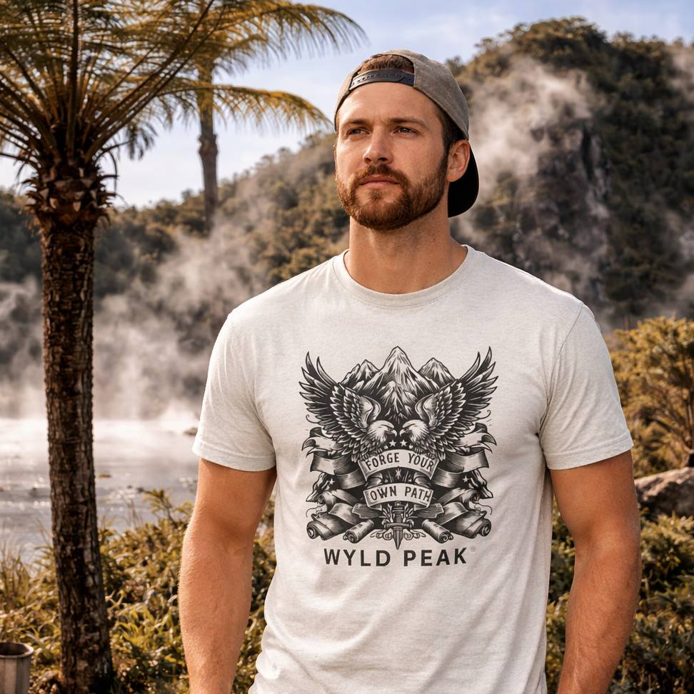 Man wearing a white t-shirt with a graphic design and text, standing outdoors with trees and water in the background.