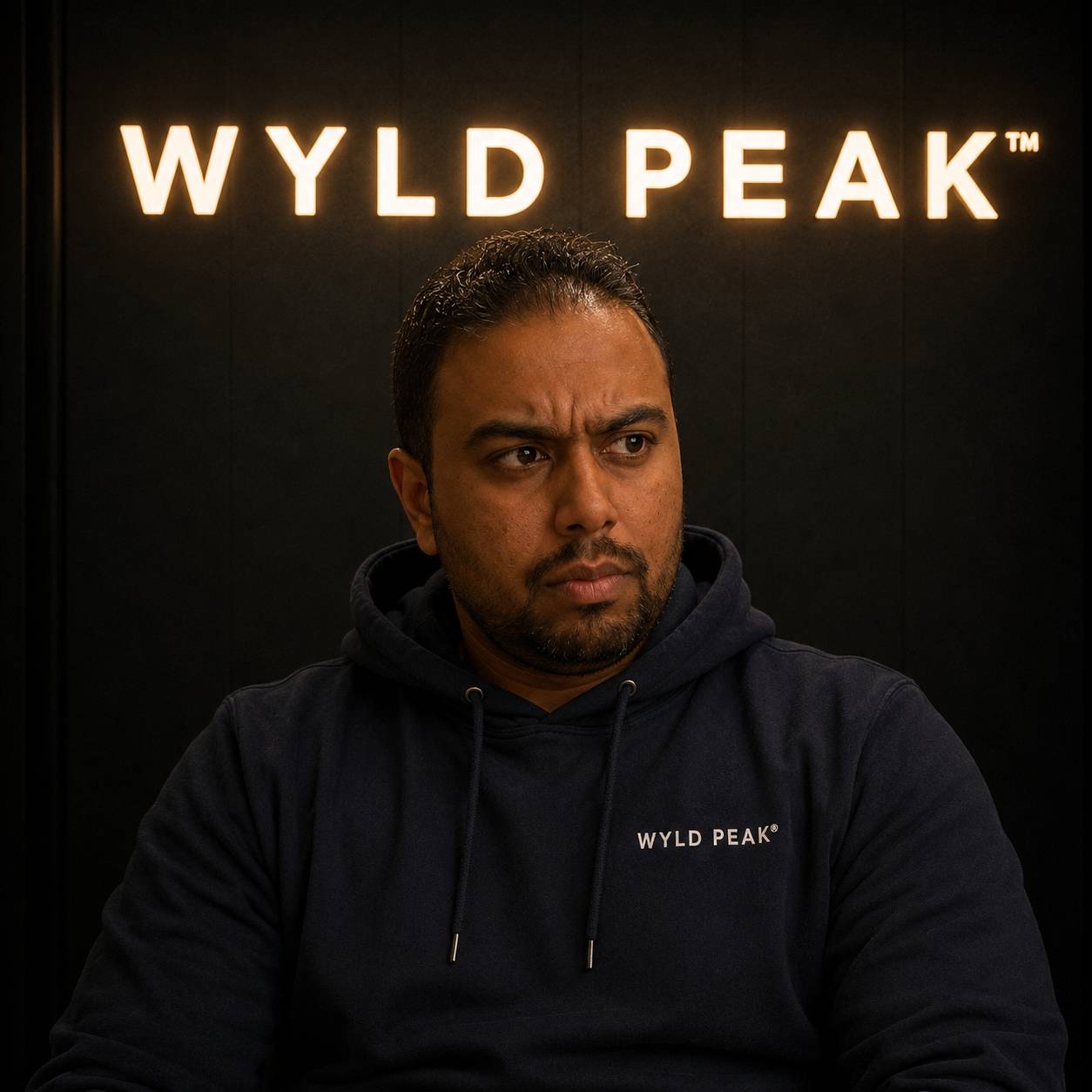 Man wearing a dark hoodie with 'Wyld Peak' logo in front of a black background with 'Wyld Peak' branding.
