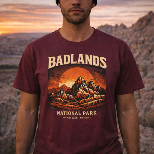 Person wearing a maroon t-shirt with 'Badlands National Park' graphic design, standing in front of a scenic background.