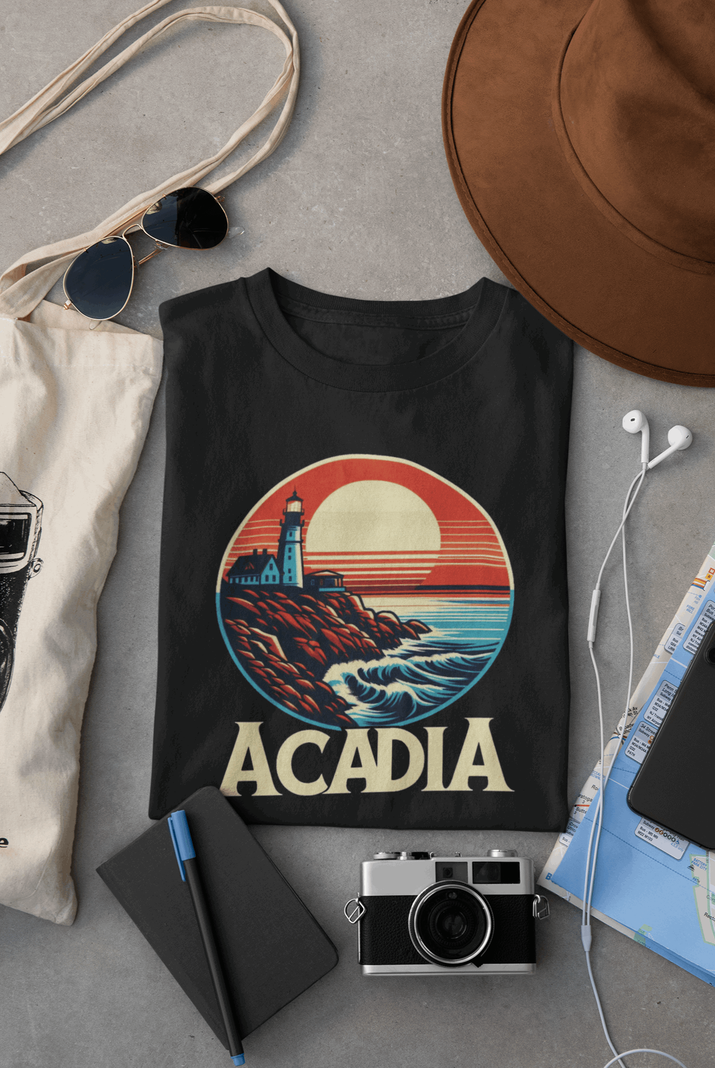 Wyld Peak Bass Harbor Lighthouse Acadia National Park organic cotton tee in black laid flat on desk.