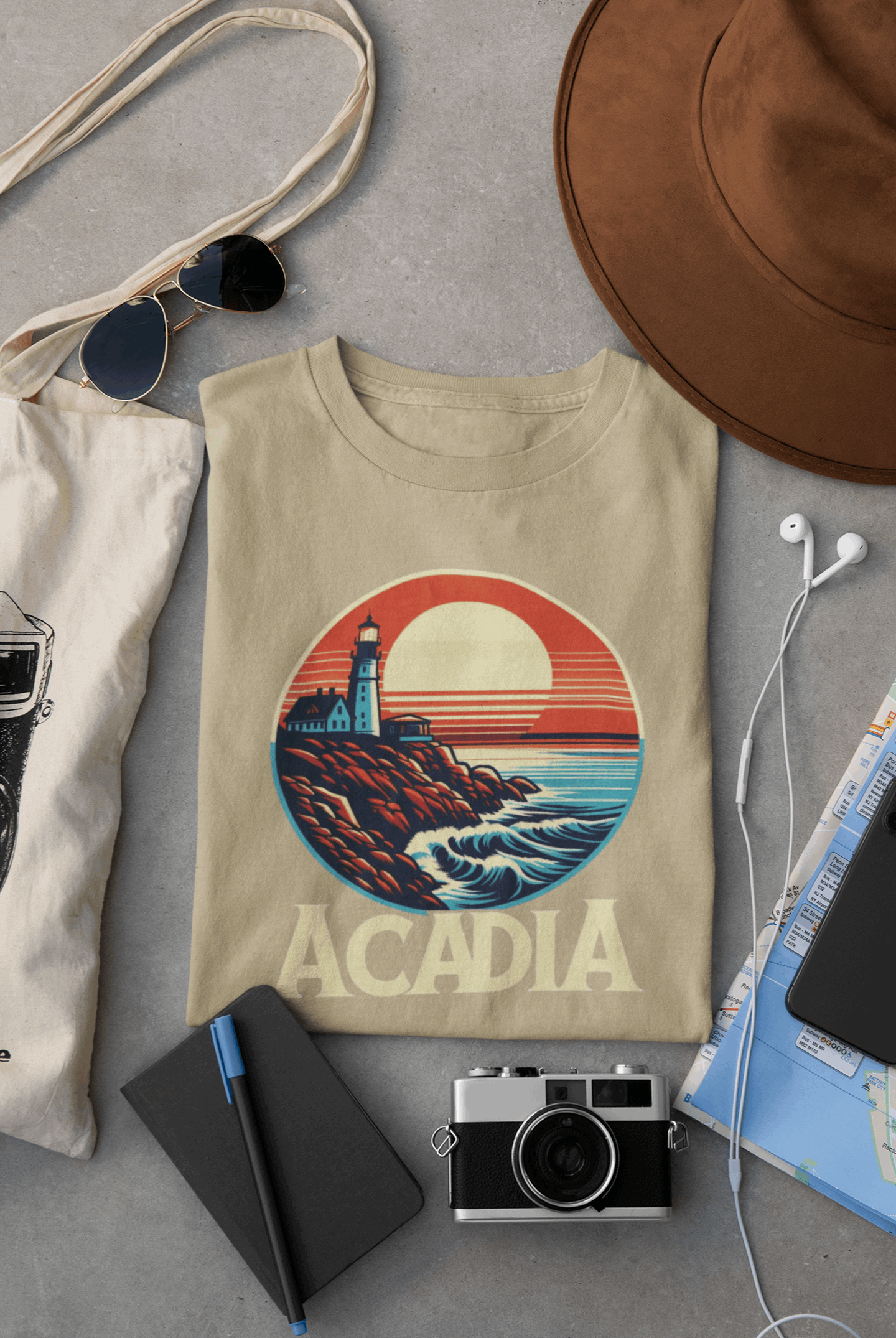 Wyld Peak Bass Harbor Lighthouse Acadia National Park organic cotton tee in desert tan laid flat on desk.