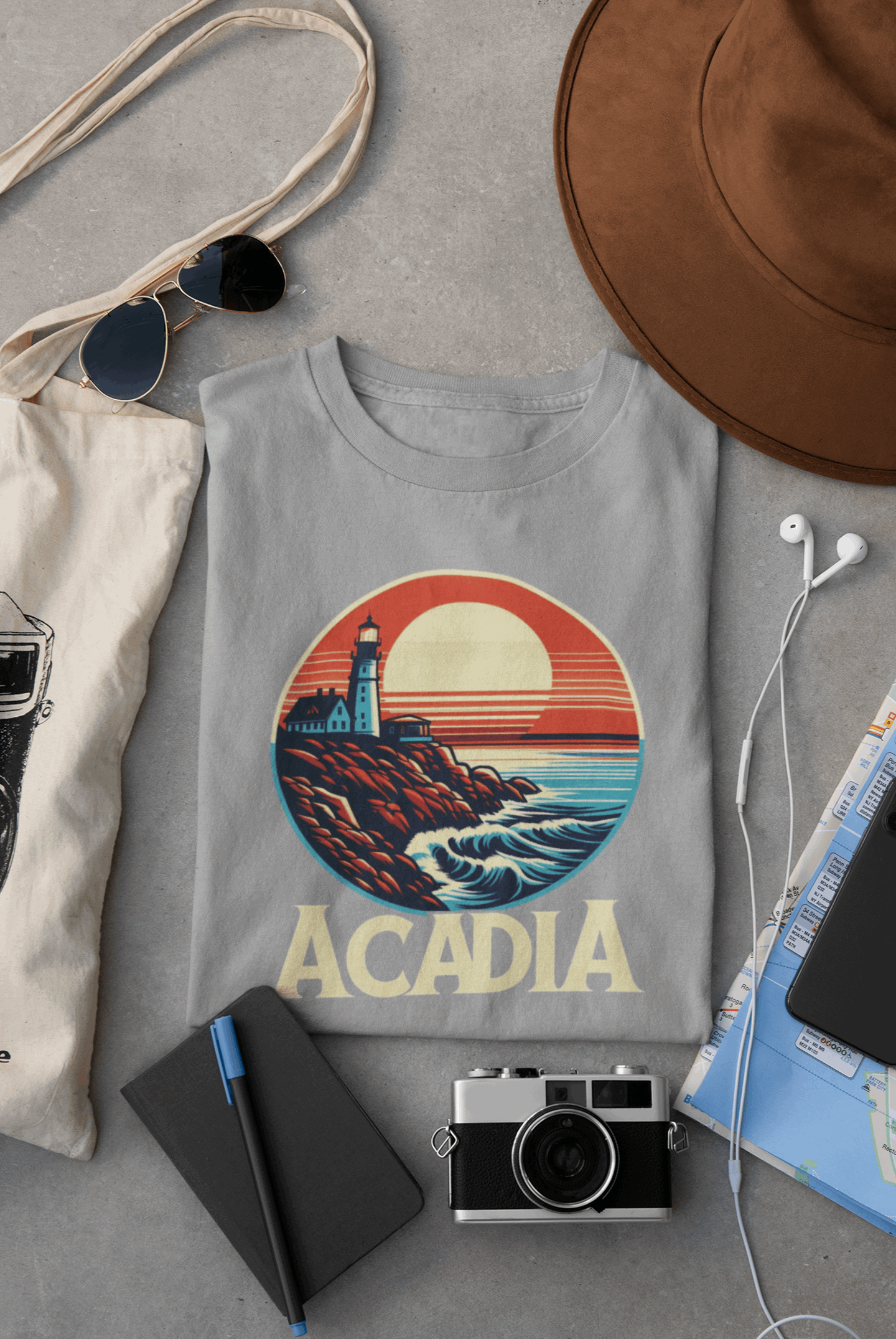 Wyld Peak Bass Harbor Lighthouse Acadia National Park organic cotton tee in grey laid flat on desk.