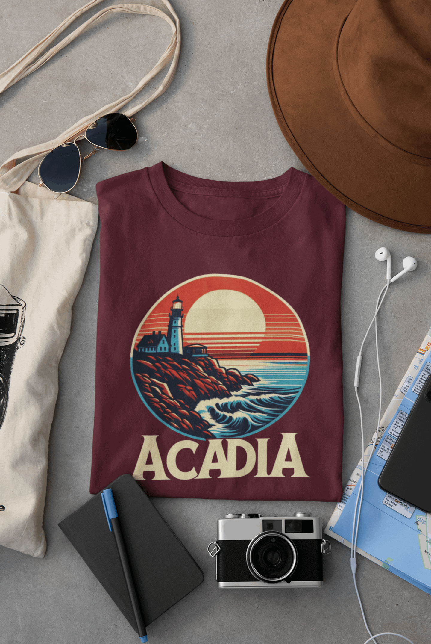 Maroon Wyld Peak Bass Harbor Lighthouse Acadia National Park organic cotton tee laid flat on desk.