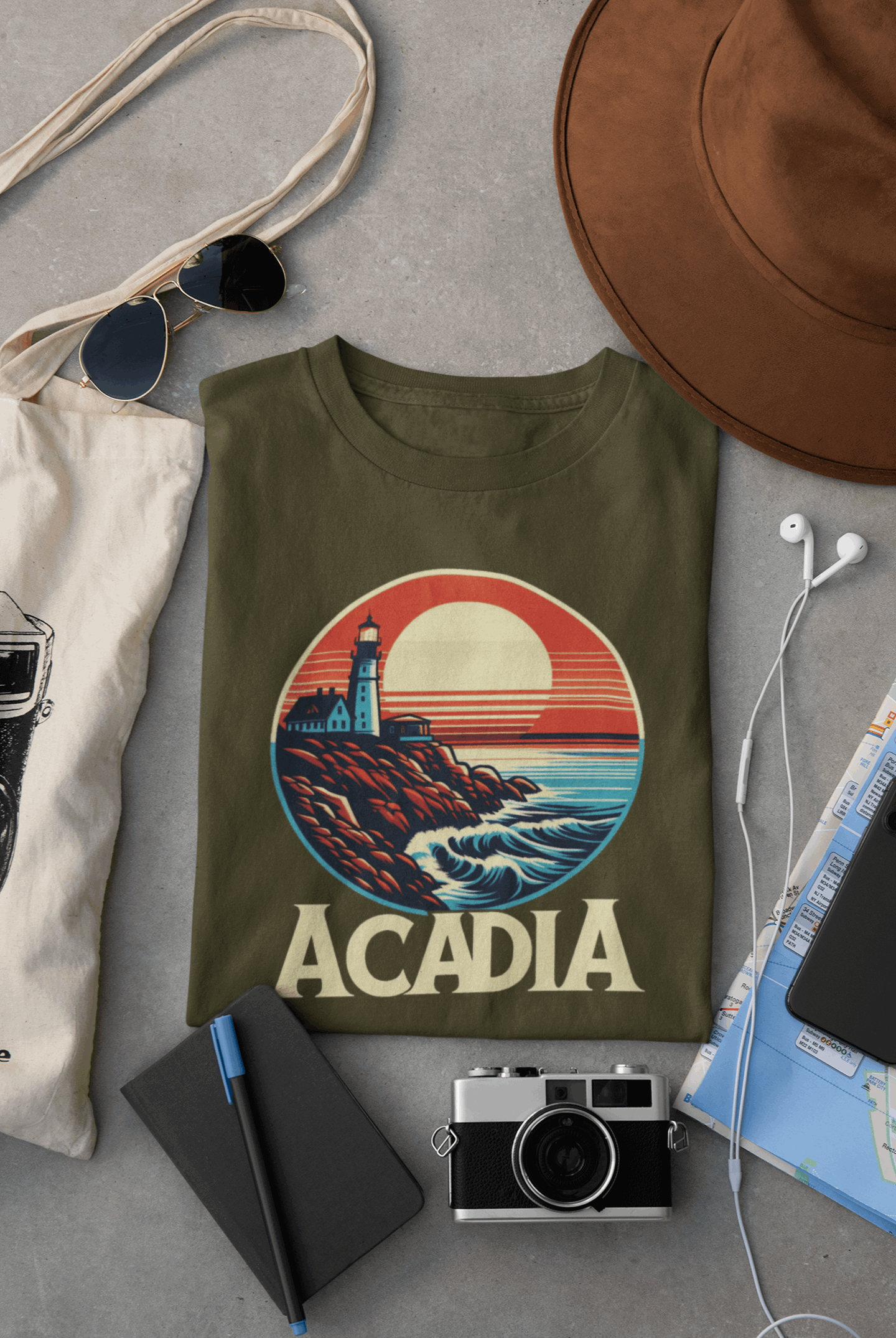 Wyld Peak Bass Harbor Lighthouse Acadia National Park organic cotton tee in military green laid flat on desk.