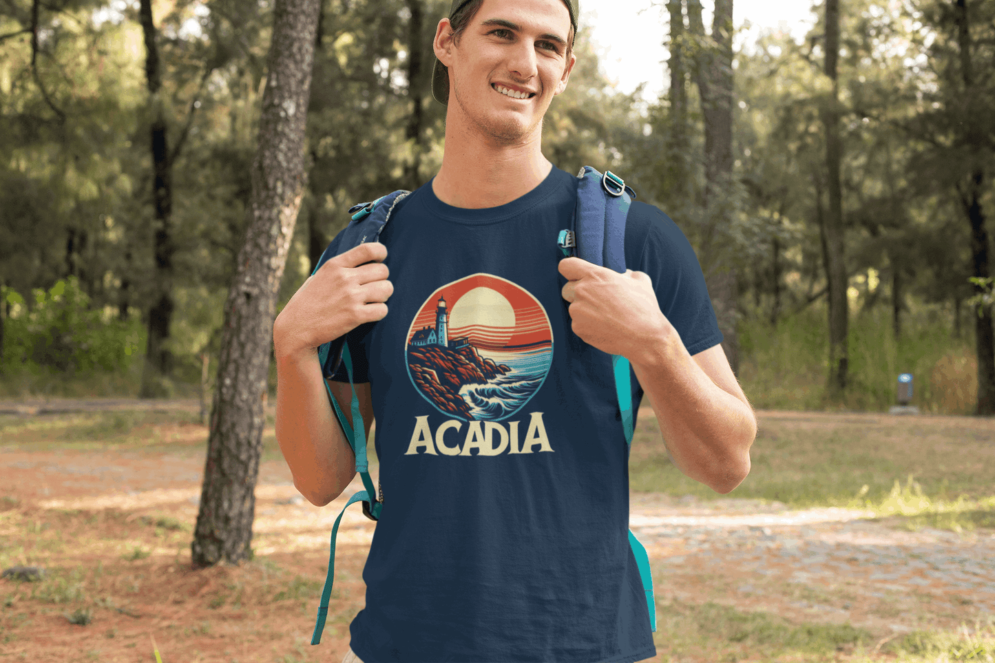 Man in California wearing Wyld Peak Bass Harbor Lighthouse Acadia National Park organic cotton tee in navy.