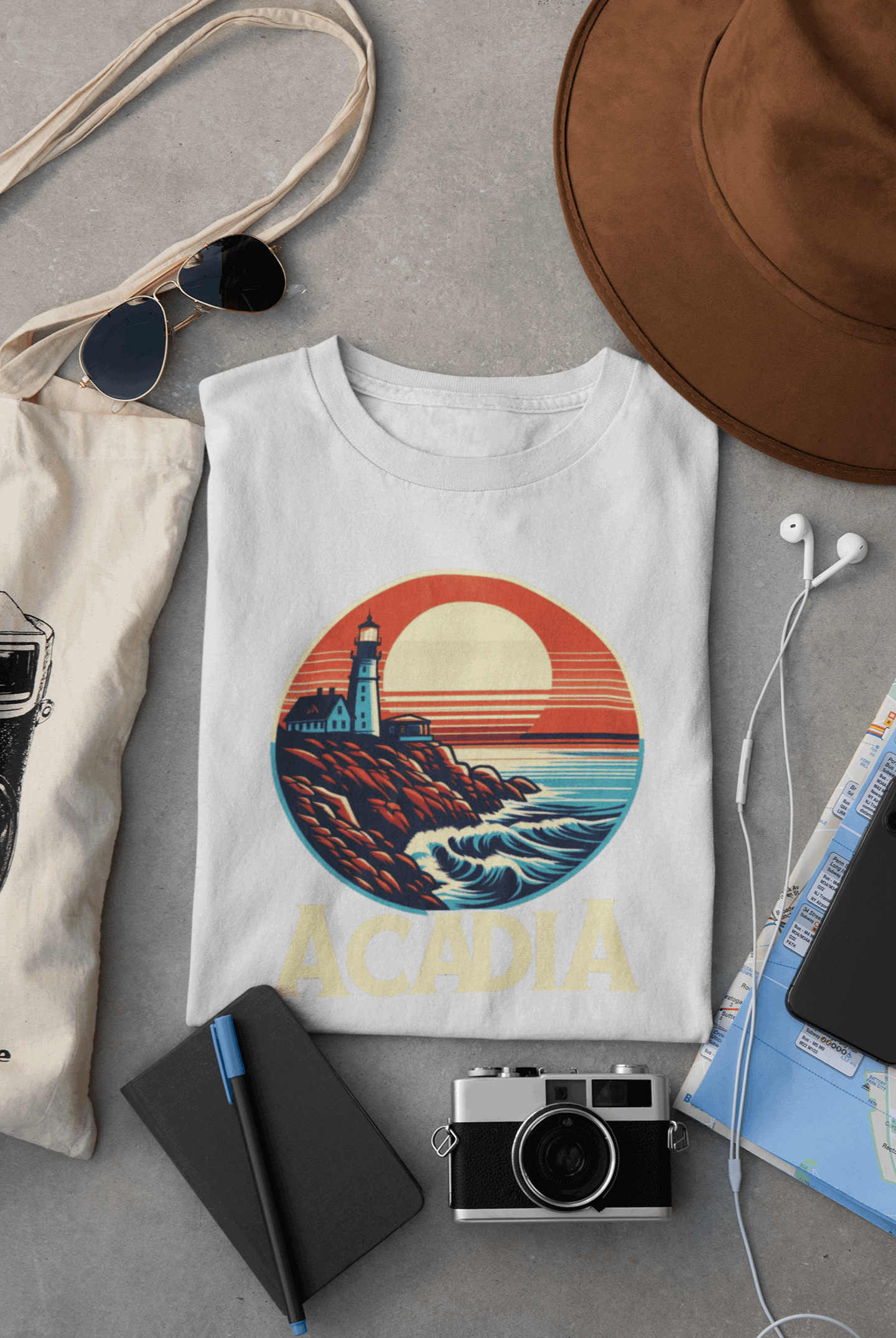 Wyld Peak Bass Harbor Lighthouse Acadia National Park organic cotton tee in white laid flat on desk.