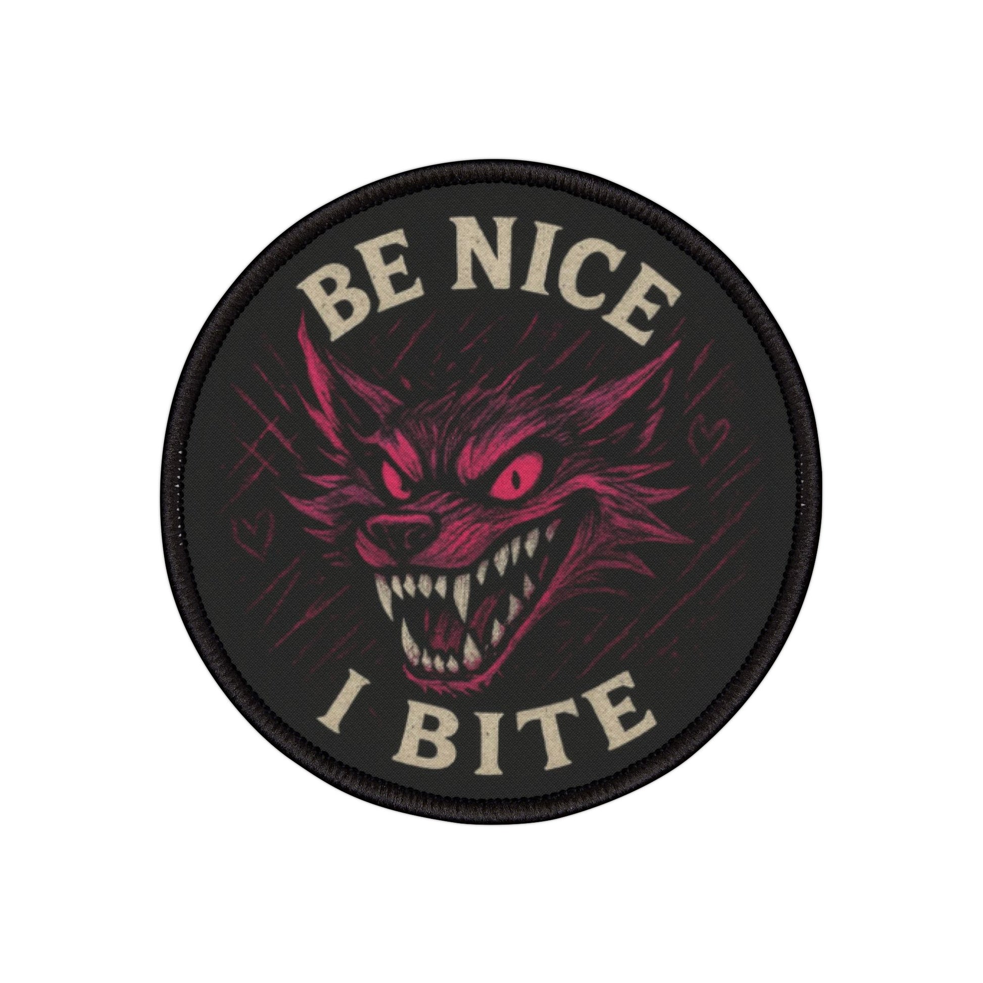 Be Nice I Bite wolf patch displayed on a white background, sharp and expressive wolf design