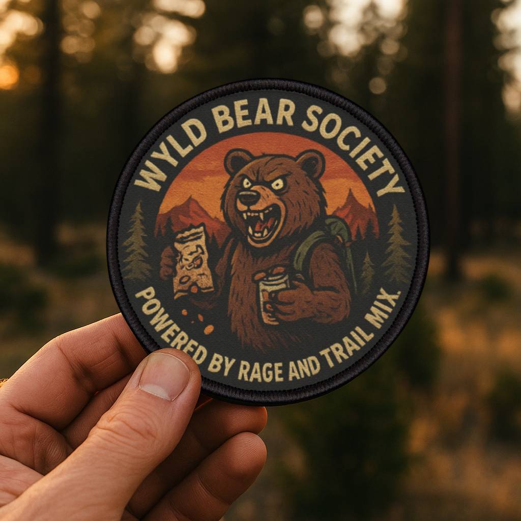 Wyld Bear Society patch held in a forest setting, nature inspired design made for outdoor gear