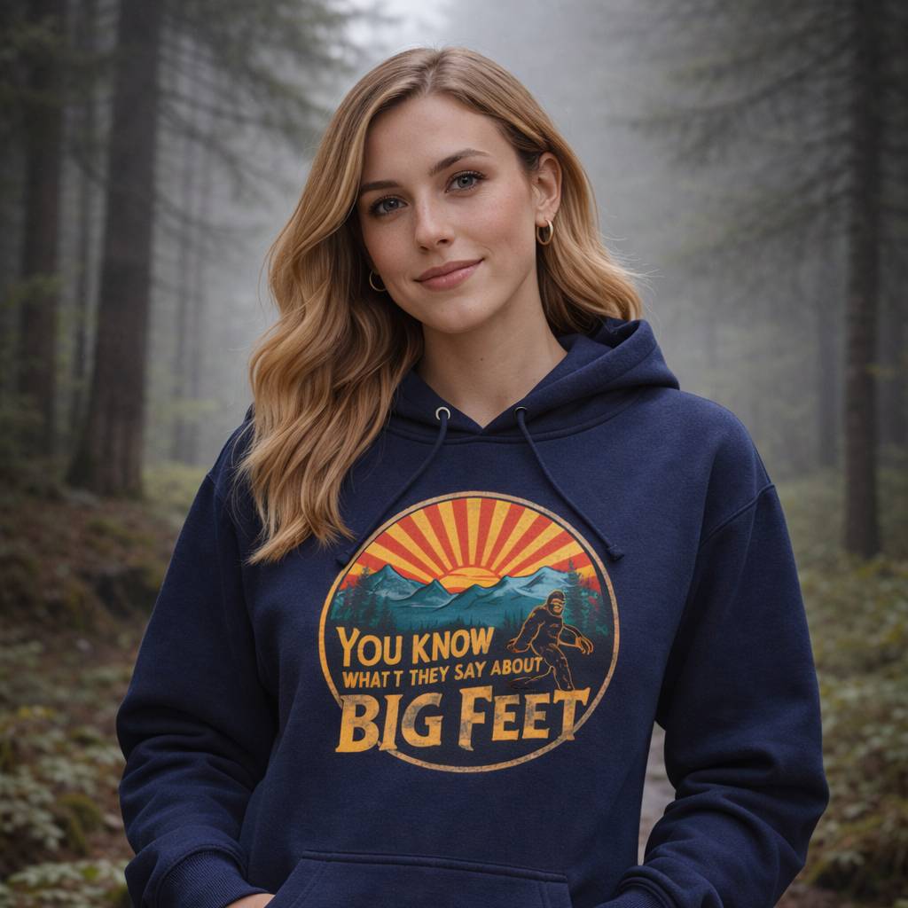 Woman wearing a navy hoodie with a graphic design in a forest setting