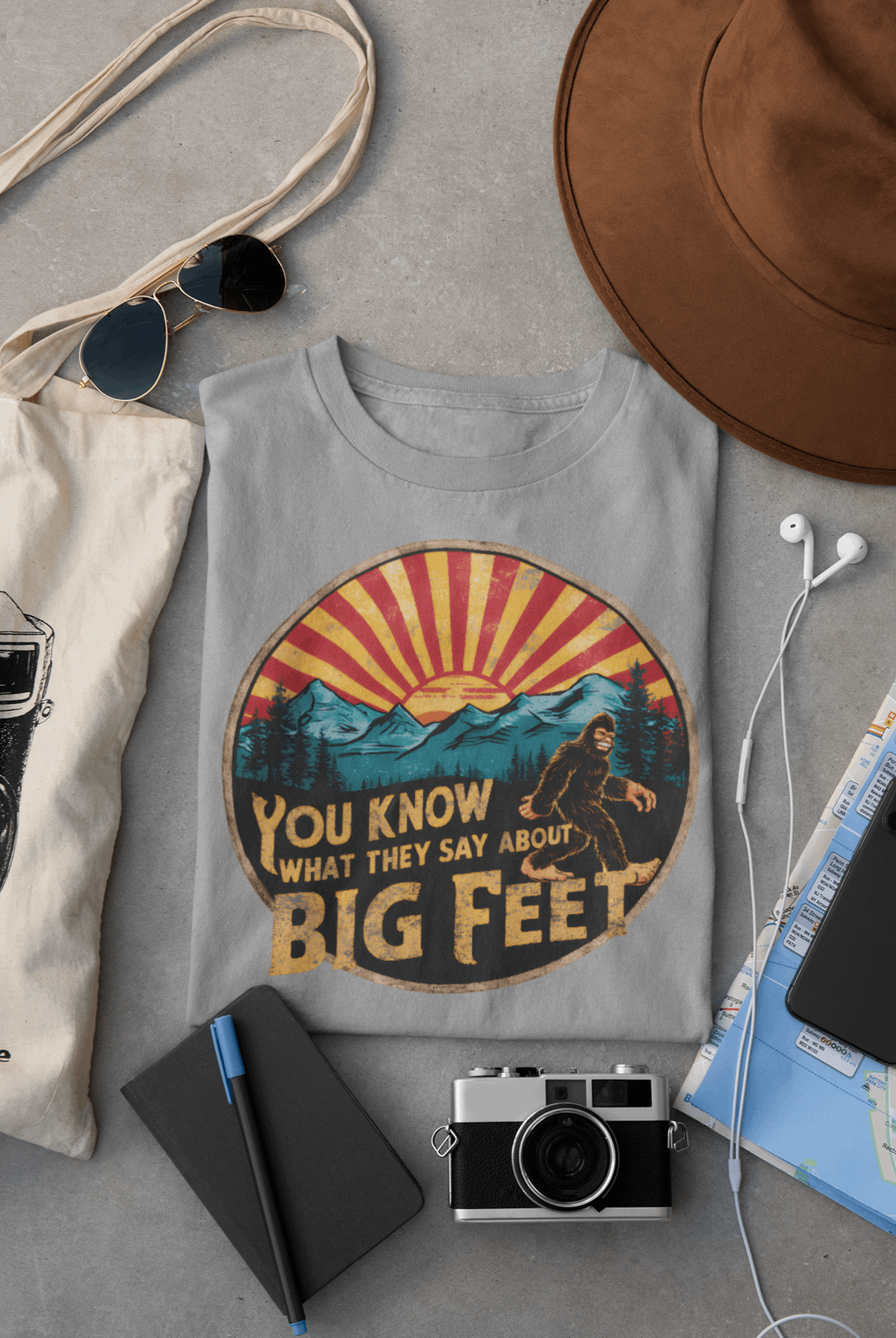 Grey Wyld Peak Bigfoot women's organic cotton t-shirt flat lay display