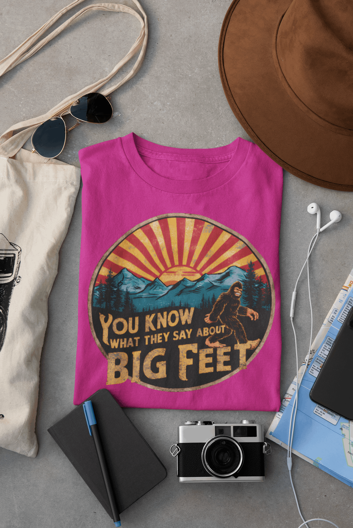 Pink Wyld Peak Bigfoot organic wmen's tee, flat lay photo for online shop