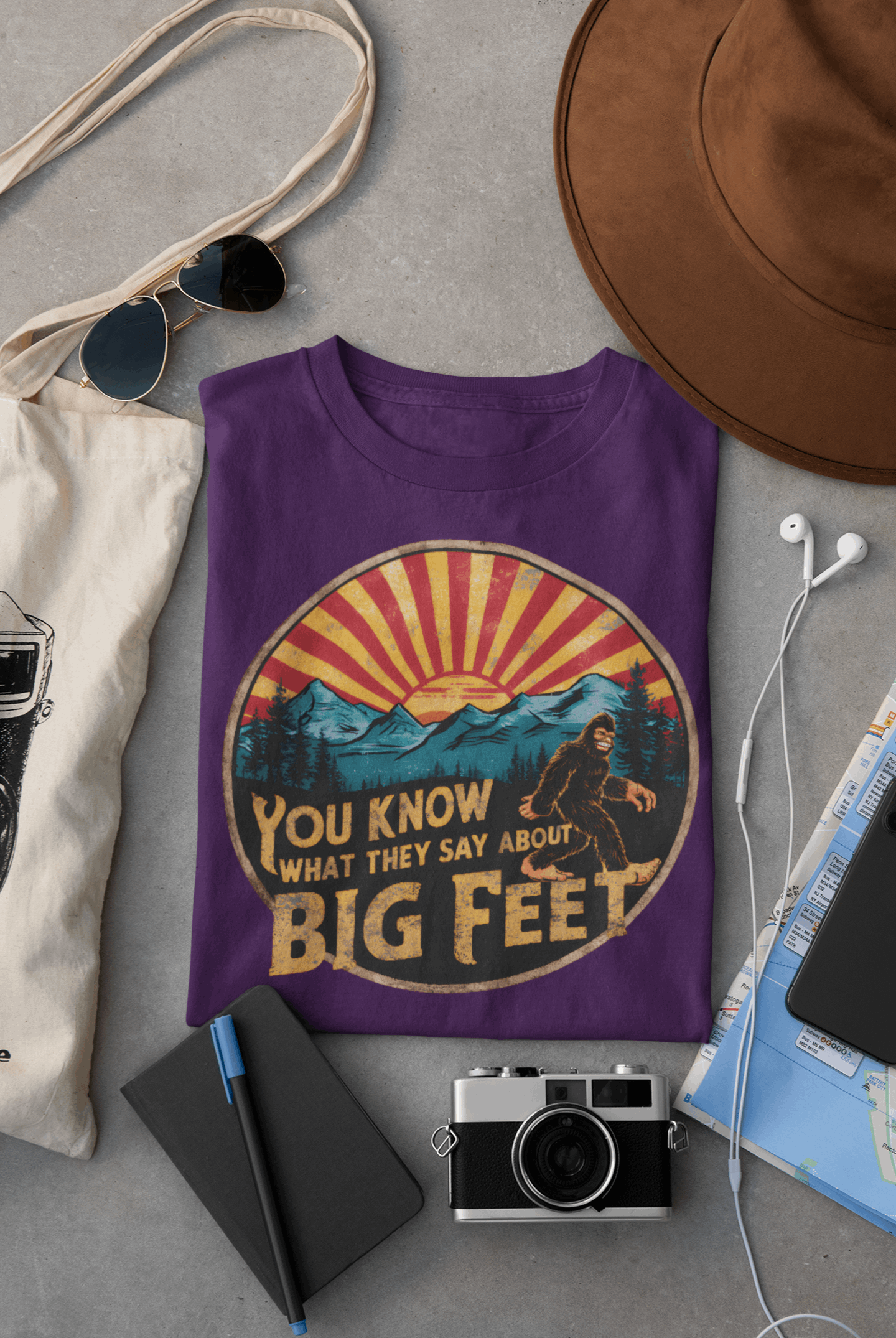 Purple Wyld Peak Bigfoot women's organic cotton t-shirt flat lay product image