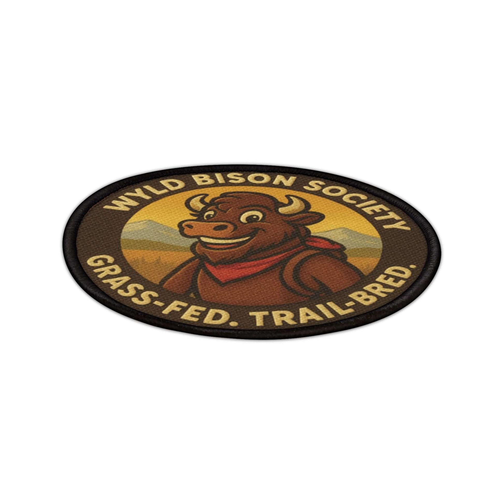 Close up angled view of the Bison Society patch highlighting textured stitching and depth