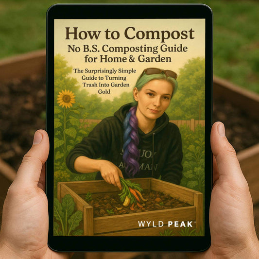 How-to compost e-guide by Wyld Peak shown on a tablet with garden background.