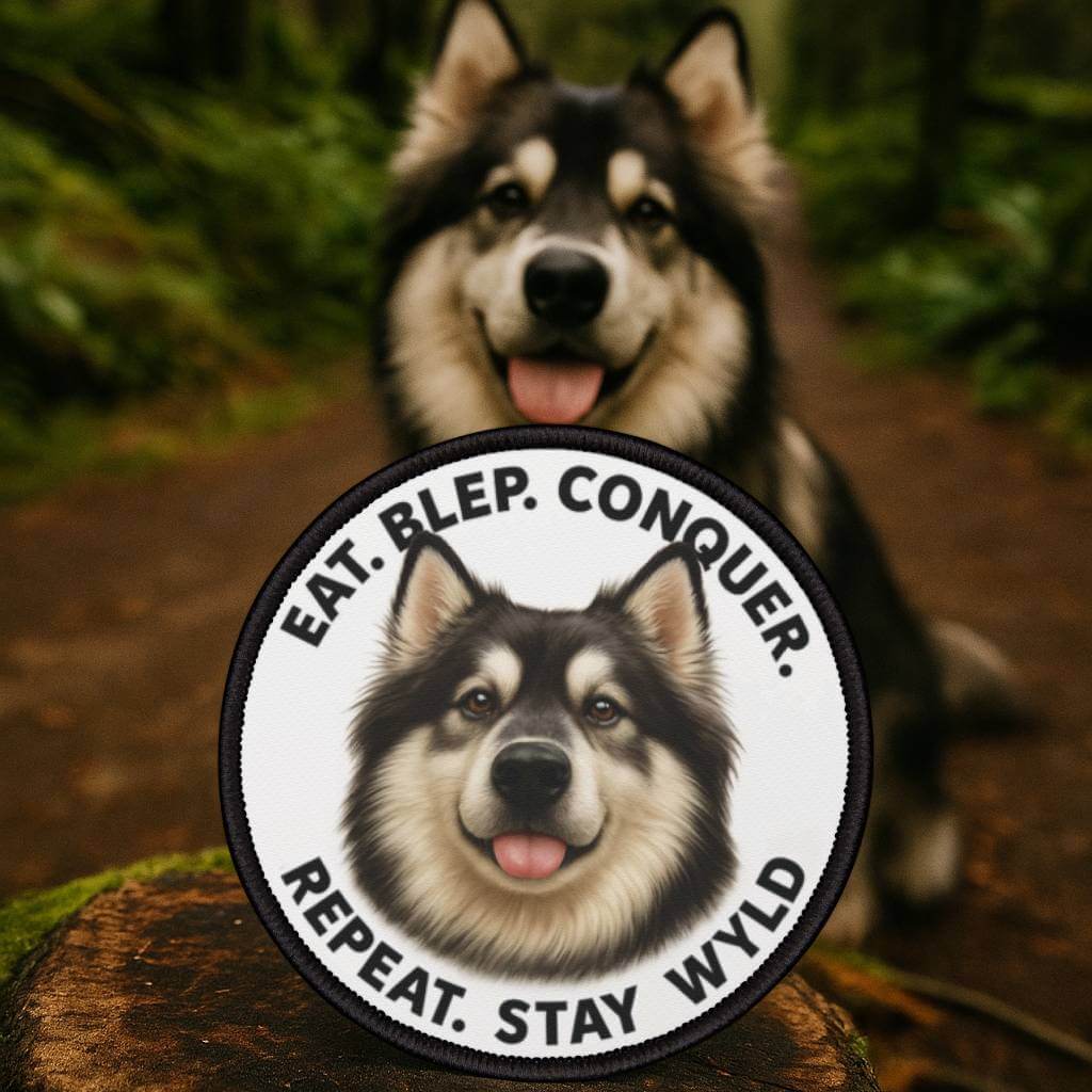 Cypress the Conqueror Husky patch by Wyld Peak held in front of Cypress the husky in Oregon