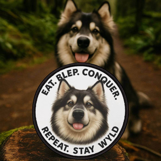 Cypress the Conqueror Husky patch by Wyld Peak held in front of Cypress the husky in Oregon