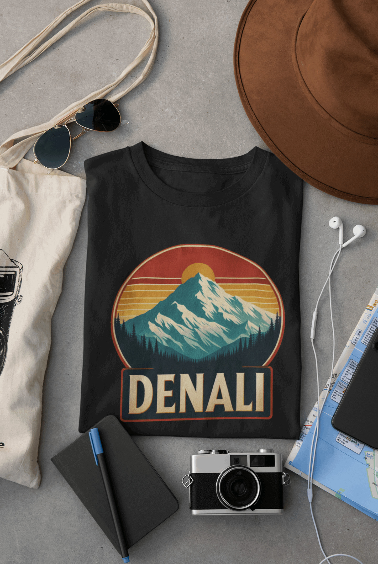 Wyld Peak Denali National Park organic cotton tee in black laid flat on desk.