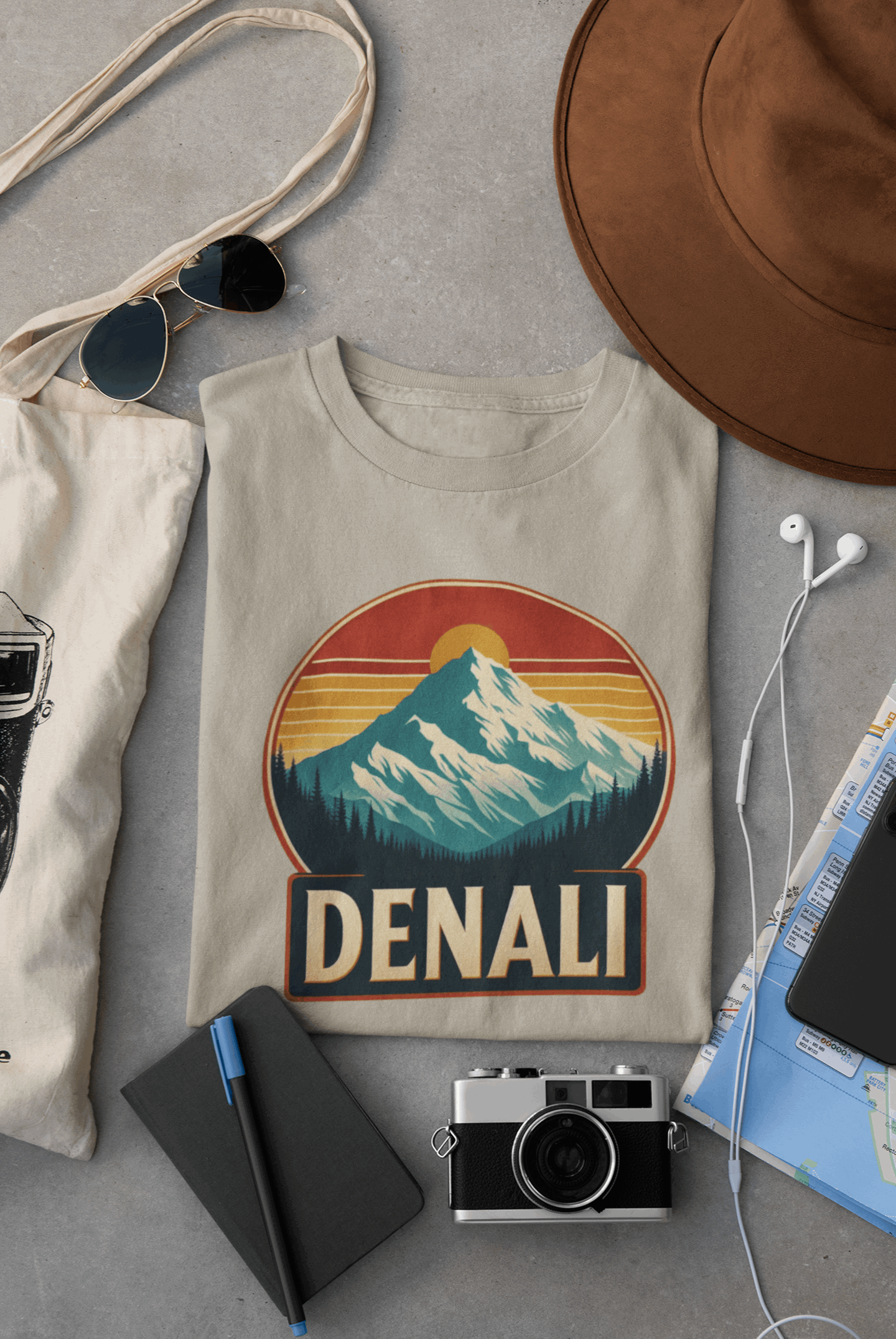 Wyld Peak Denali National Park organic cotton tee in desert tan laid flat on desk.