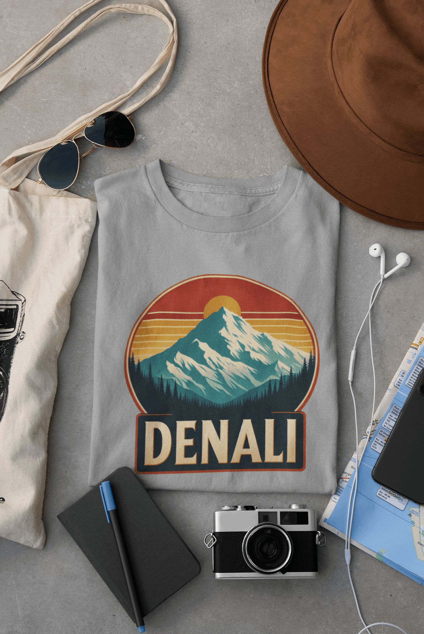 Wyld Peak Denali National Park organic cotton tee in grey laid flat on desk.