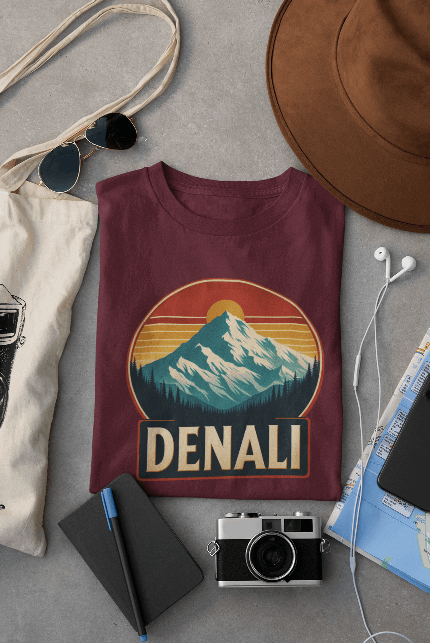 Wyld Peak Denali National Park organic cotton tee in maroon laid flat on desk.