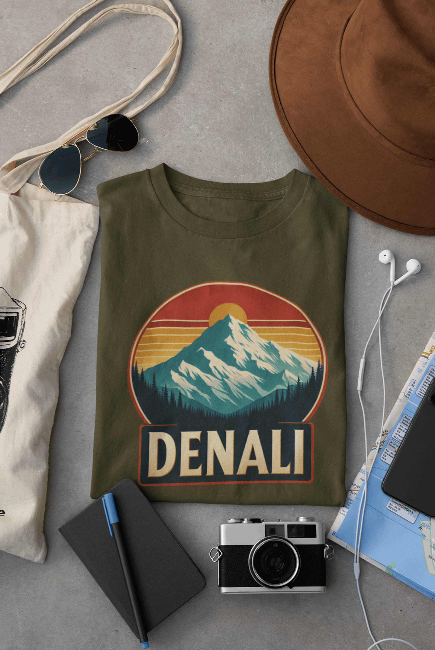 Wyld Peak Denali National Park organic cotton tee in military green laid flat on desk.