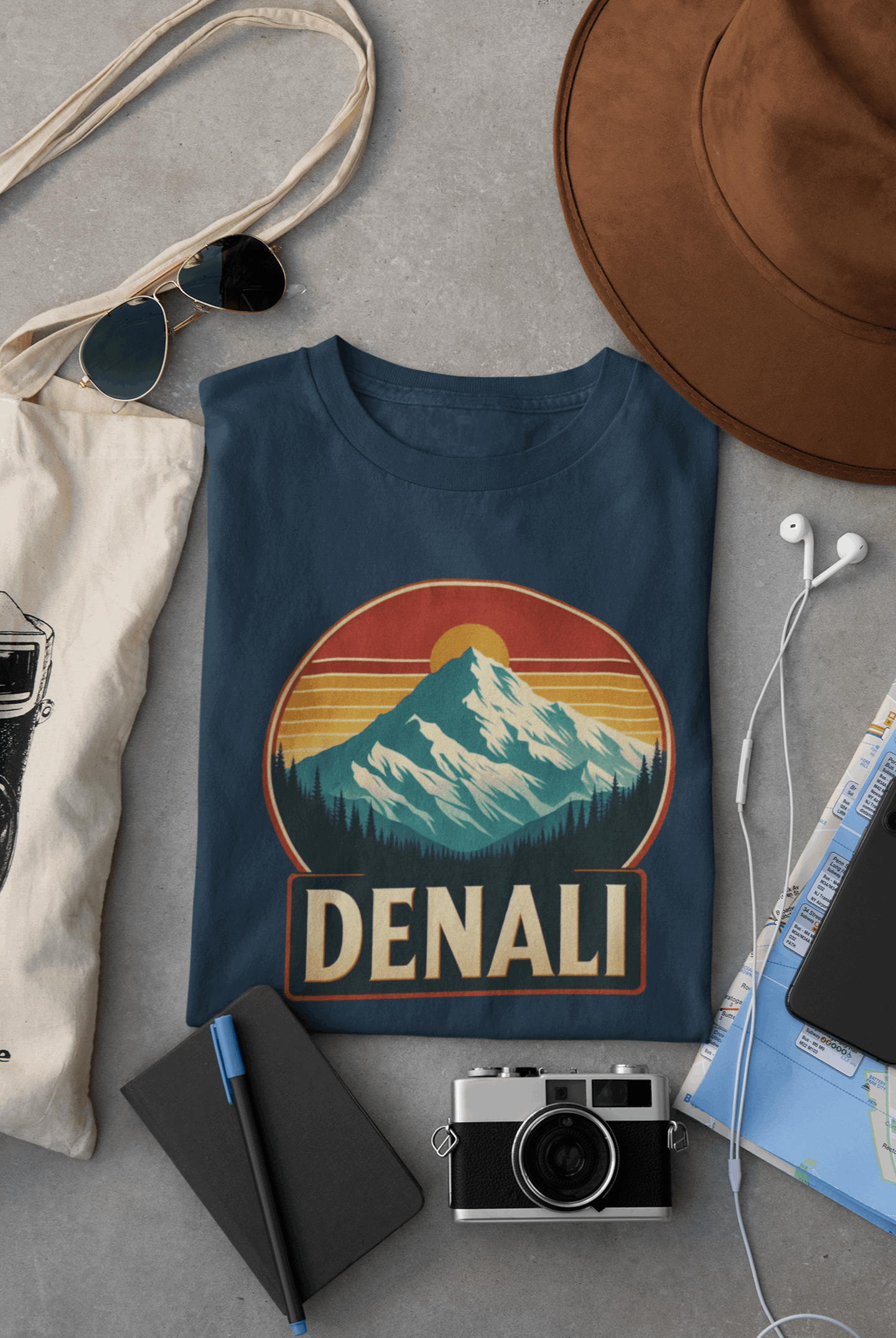 Wyld Peak Denali National Park organic cotton tee in navy laid flat on desk.