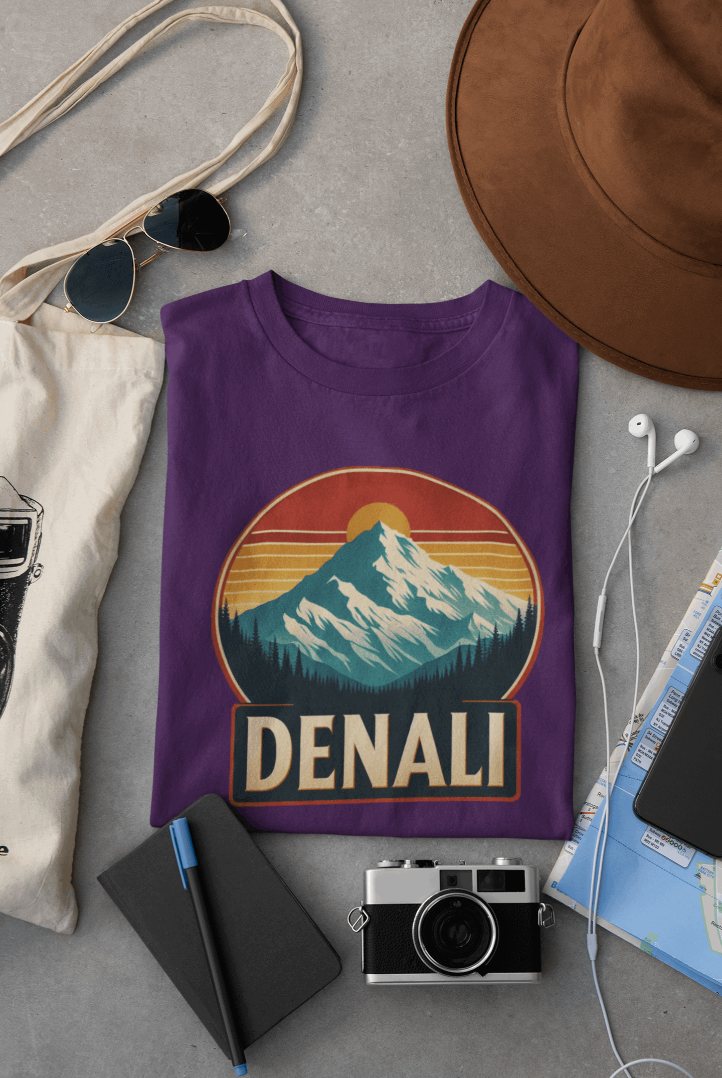 Wyld Peak Denali National Park organic cotton tee in purple laid flat on desk.