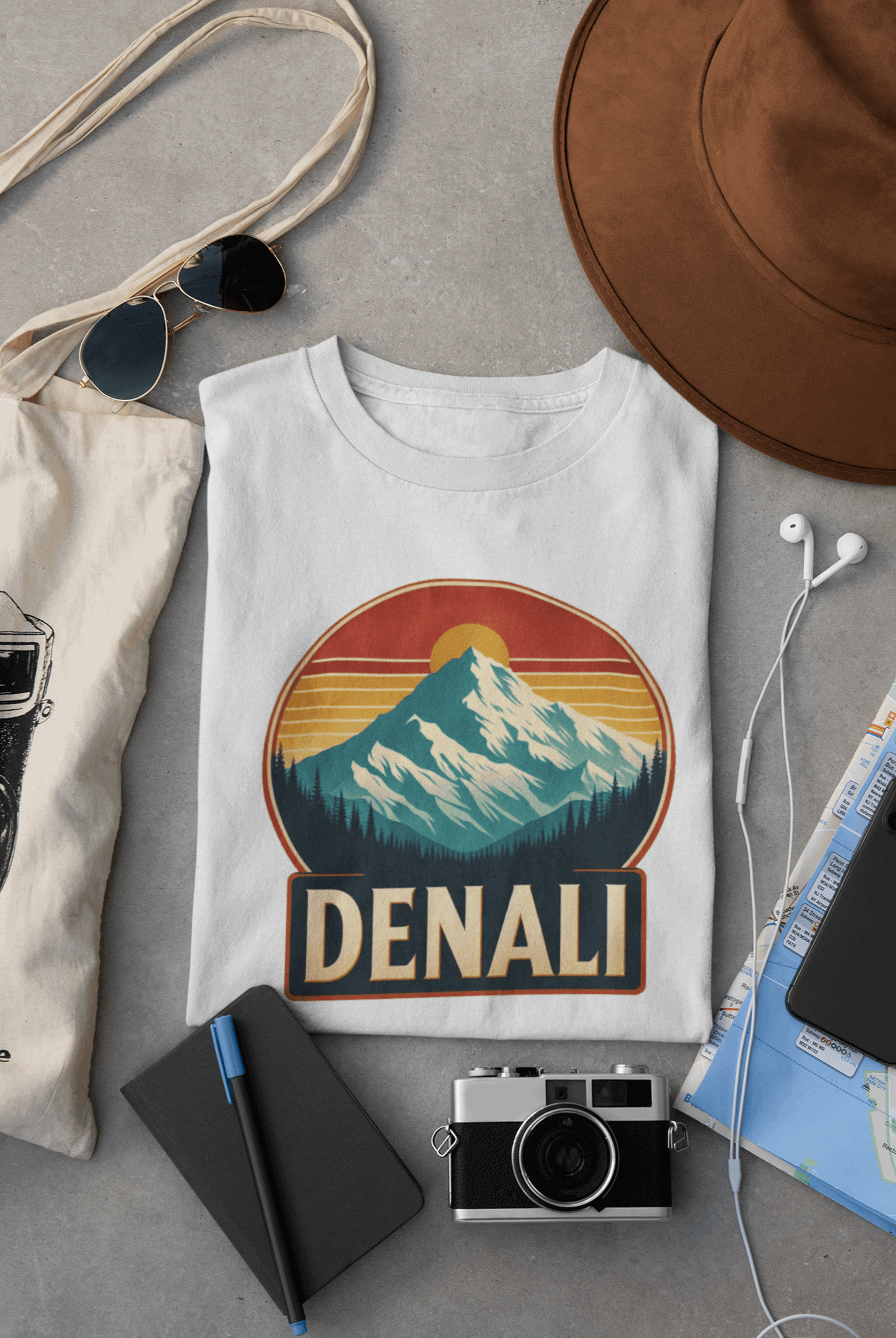 Wyld Peak Denali National Park organic cotton tee in white laid flat on desk.