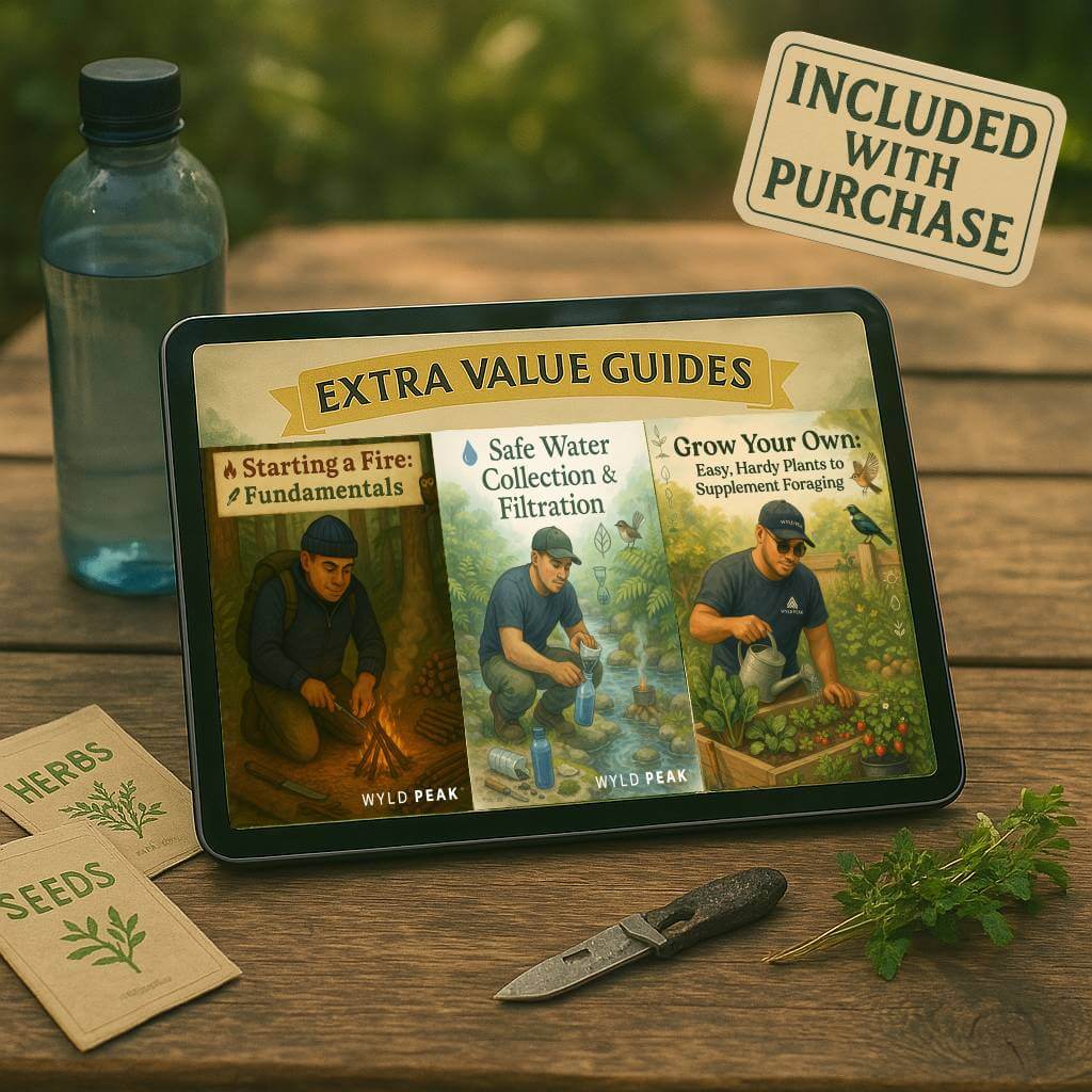 Collection of Wyld Peak digital guides on a table including water, fire, and gardening