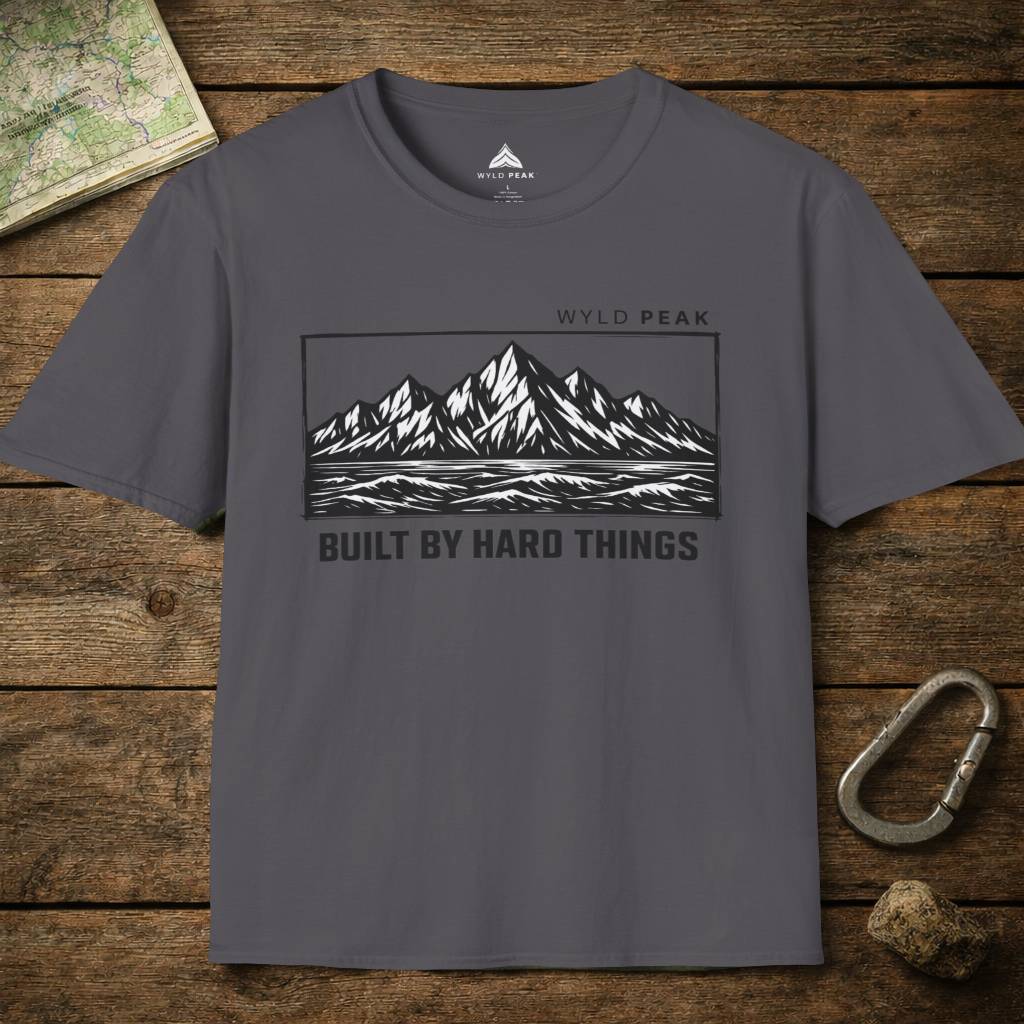 Do Hard Things organic adventure tee in charcoal shown as a layflat, versatile dark tone built for daily and outdoor use