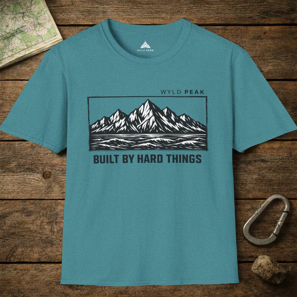 Do Hard Things organic adventure tee in heather Galapagos blue displayed as a layflat, ocean inspired tone for everyday wear