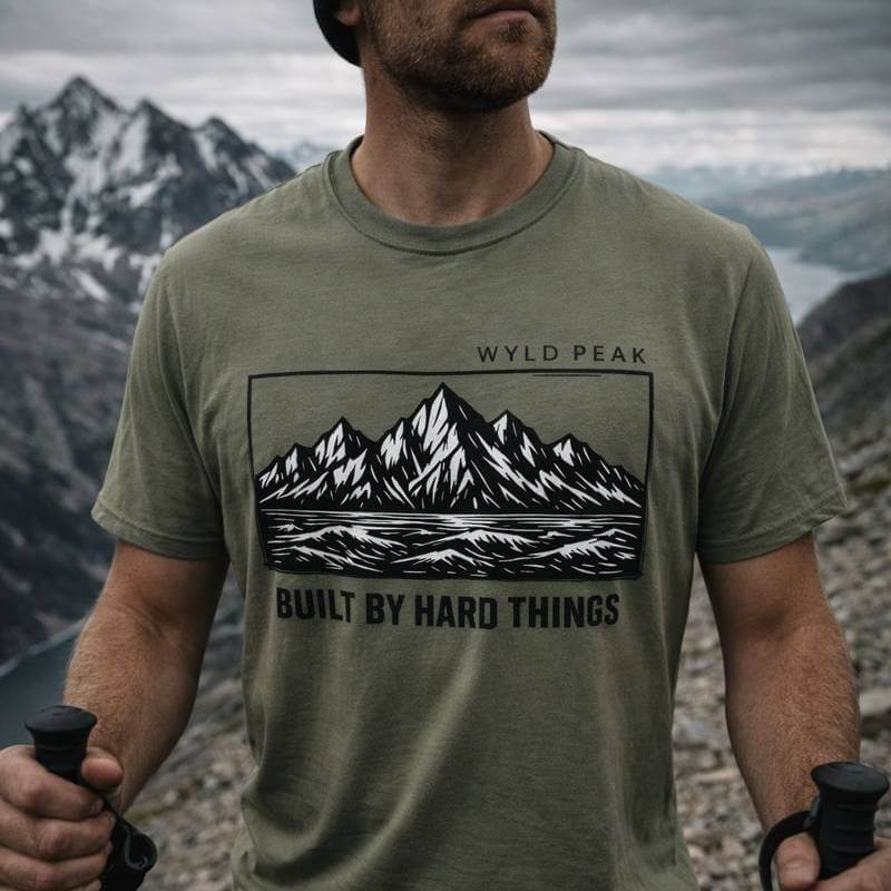 Do Hard Things organic adventure tee worn by a man hiking on a trail, rugged outdoor shirt built for movement and challenge