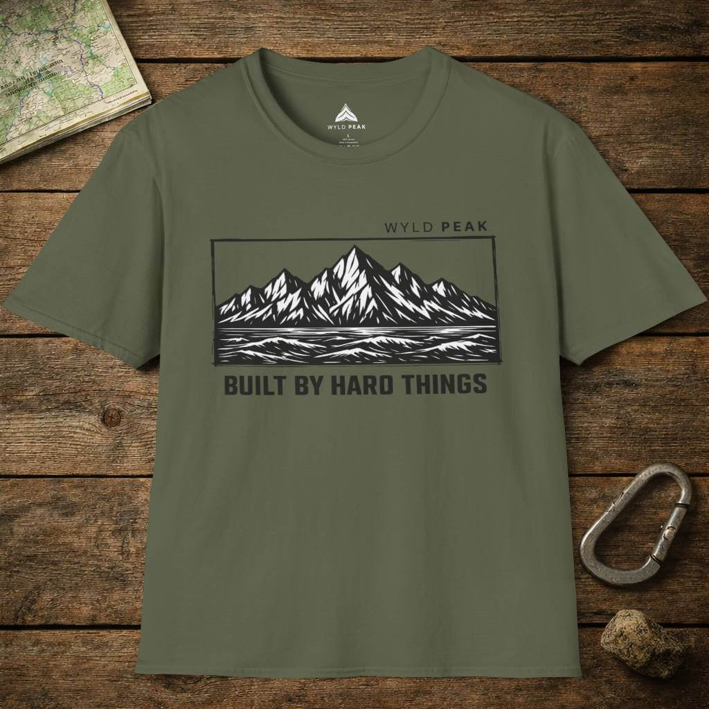 Do Hard Things organic adventure tee in military green displayed as a layflat, durable outdoor inspired color