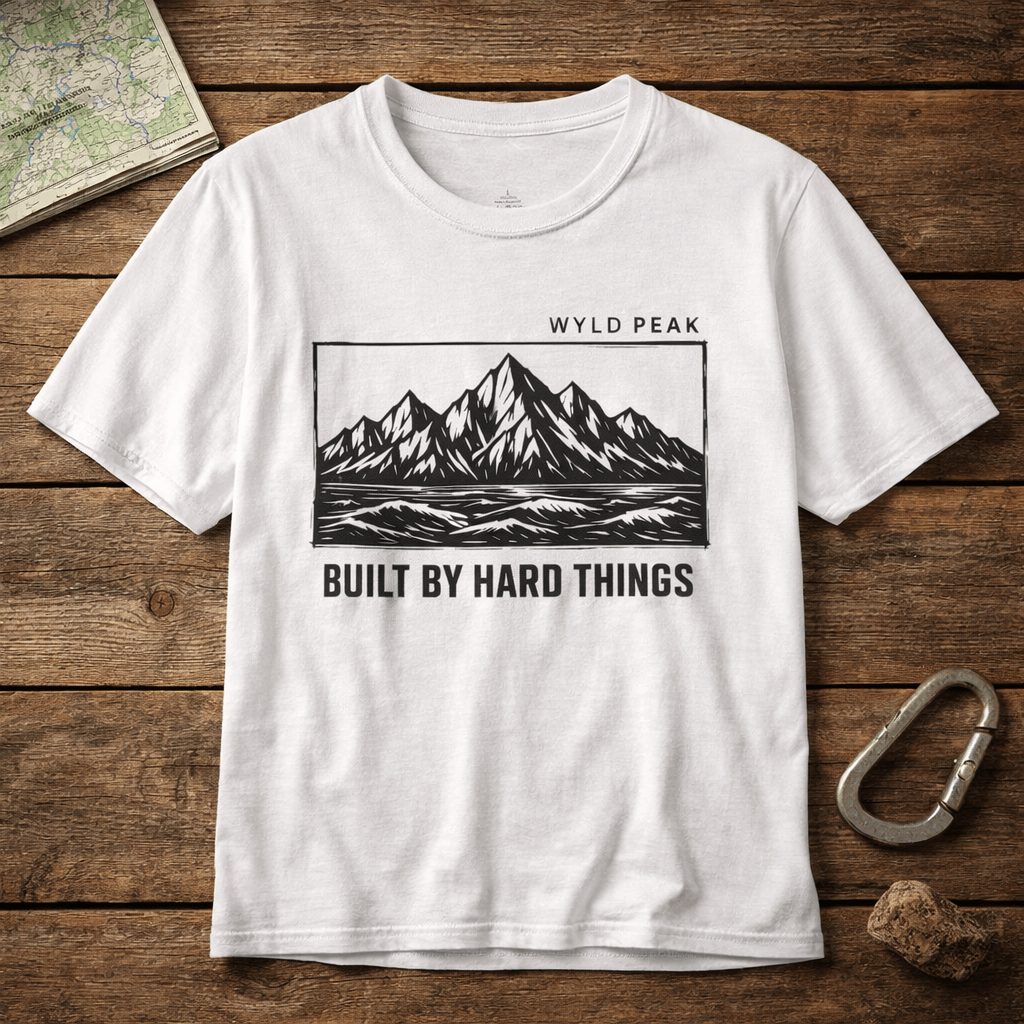 Do Hard Things organic adventure tee in white shown as a layflat, clean minimalist design made from organic cotton