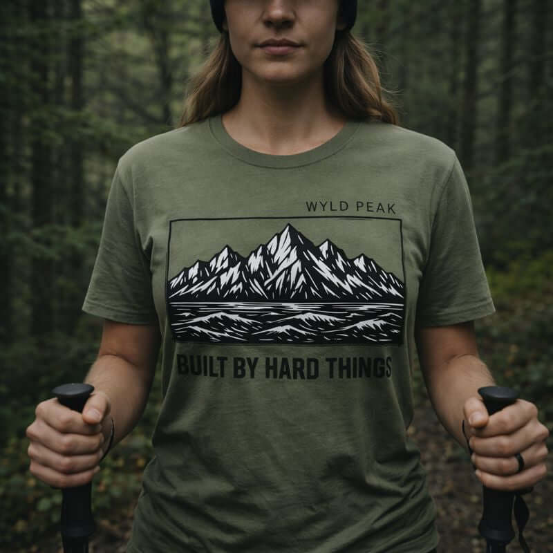 Do Hard Things organic adventure tee worn by a woman walking a forest trail, comfortable outdoor tee for everyday adventure