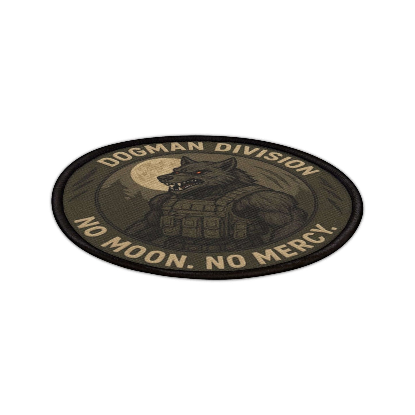 Close up angled view of the Dogman Division patch showing stitch texture and detail