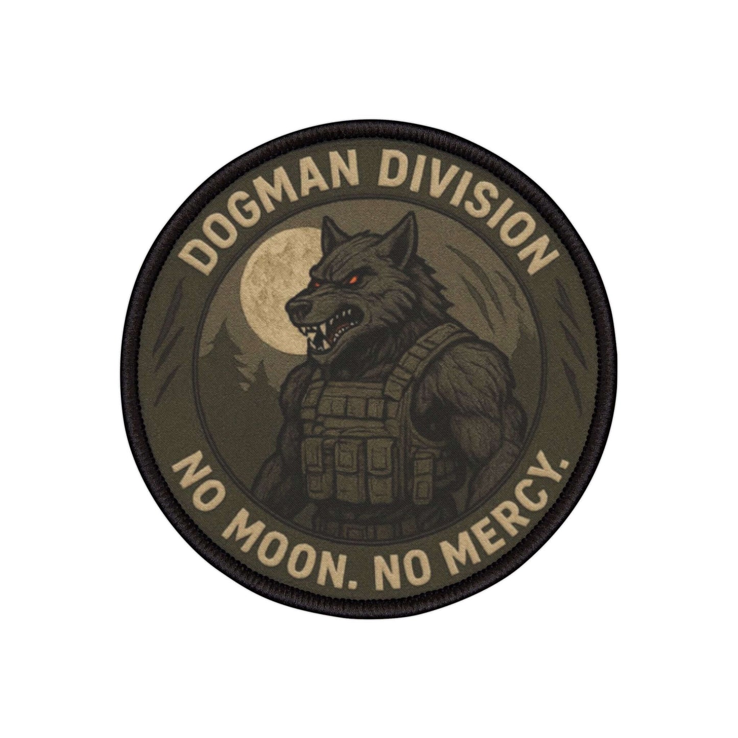 Dogman Division cryptid patch displayed on a white background, sharp with strong graphic presence