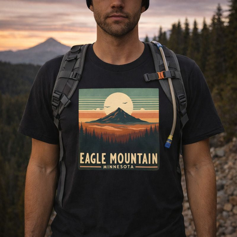 Person wearing a black t-shirt with 'Eagle Mountain, Minnesota' design in a forest setting.