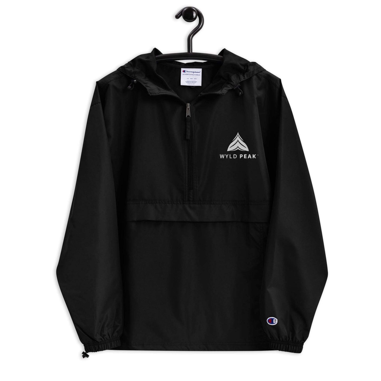 Wyld Peak embroidered foldable jacket in black on coathanger, white background.